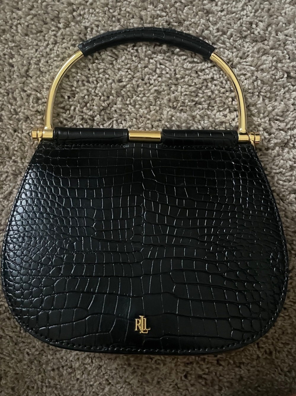 Black Croc-Embossed Top-Handle Bag with Gold Hardware